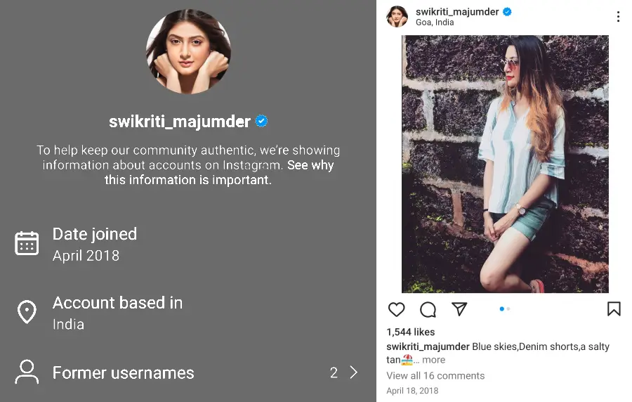 Swikriti Majumder Instagram account screenshot