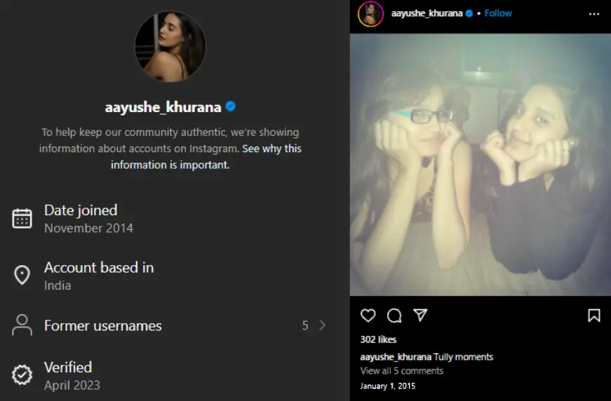 Ayushi Khurana Instagram account screenshot.